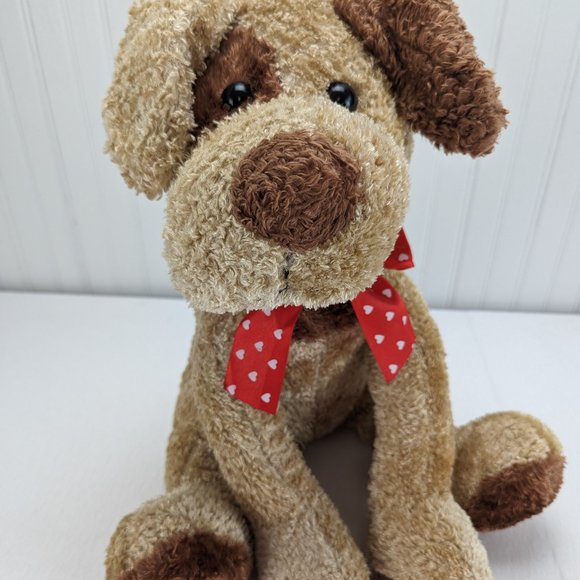 Lucky Toys Brown Spotted Puppy Dog Plush 16" Stuffed Animal Red Heart Ribbon - Picture 1 of 9